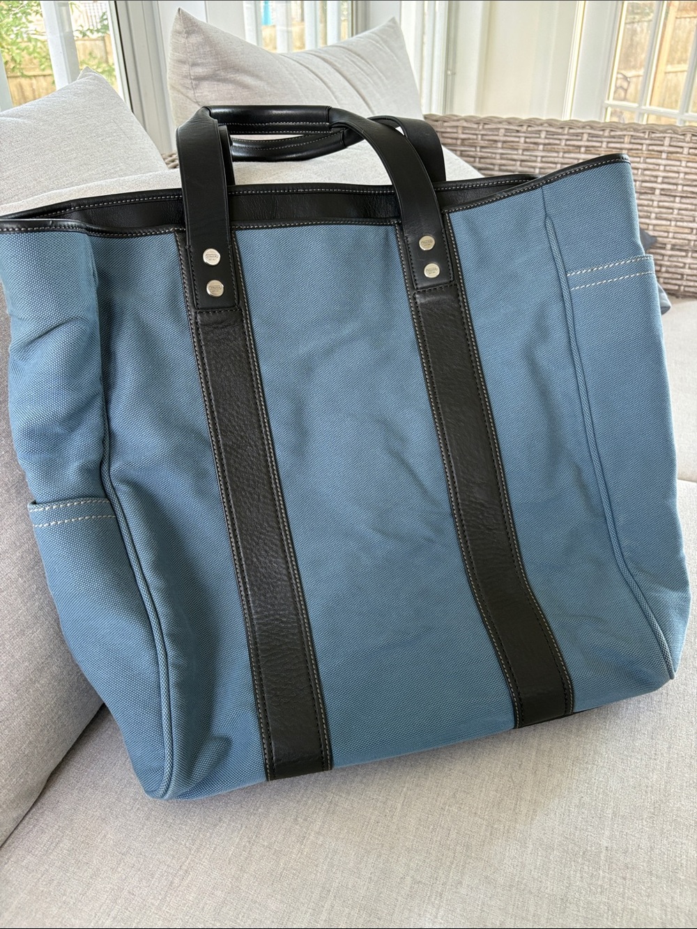 Vintage Coach Bleecker Canvas Tote Bag Gray Blue Leather Trim USA Style 5723